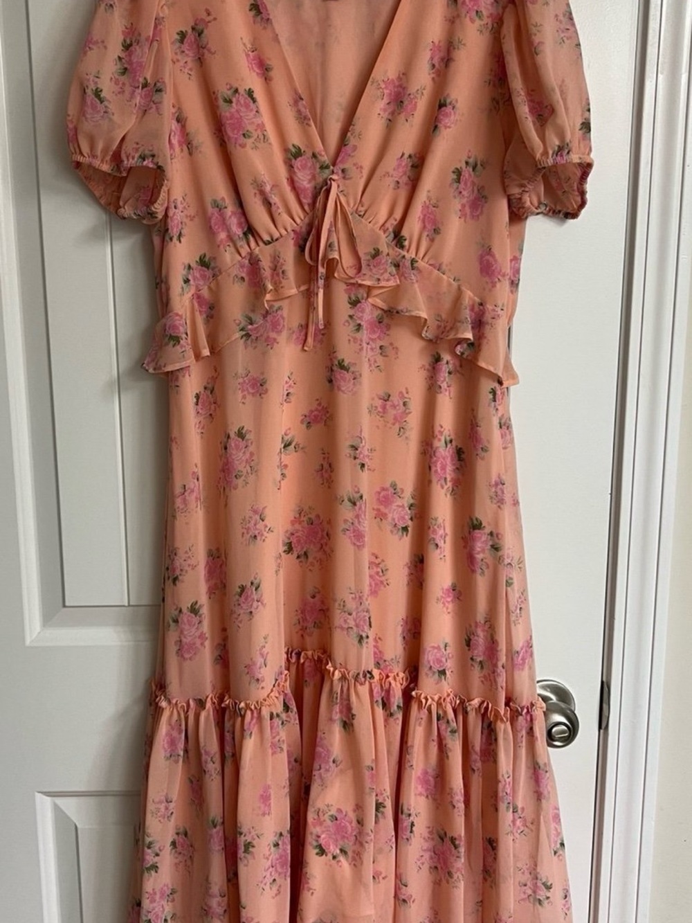 LoveShackFancy Peach Midi Dress with Pink Floral Print